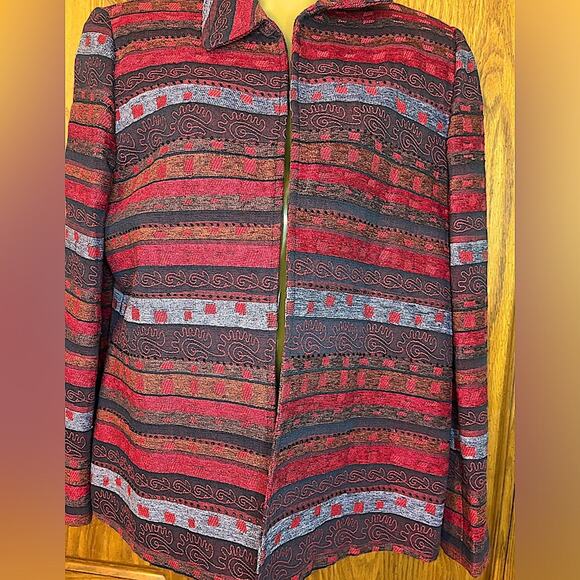 Alfred Dunner Jacket in Red, Black, Gray Stripes with Black Sequins Size 10 - Picture 2 of 7
